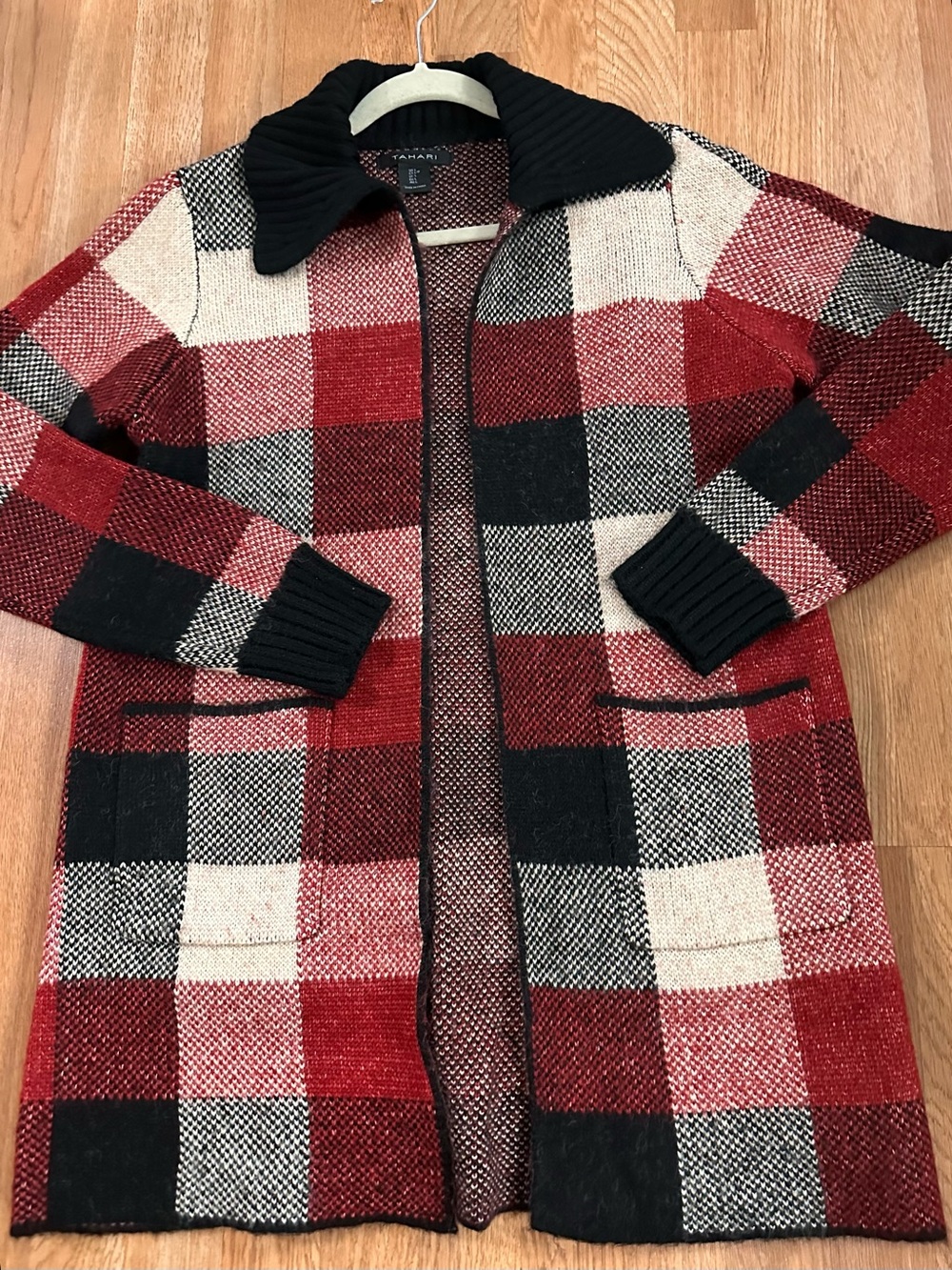Tahari Red Black Cream Plaid Open-Front Trench Coat